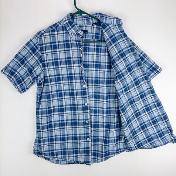 Cremieux Linen Blend Shirt Men's Small Button-Up Short Sleeve Blue Plaid - Picture 5 of 12
